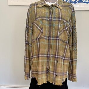 Free People Yellow-Green Plaid Studded Jacket